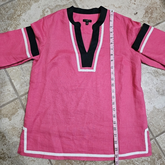 Talbots Small Petite Pink Black 100% Linen Tunic Blouse MOD Retro Preppy Coastal - Picture 7 of 7